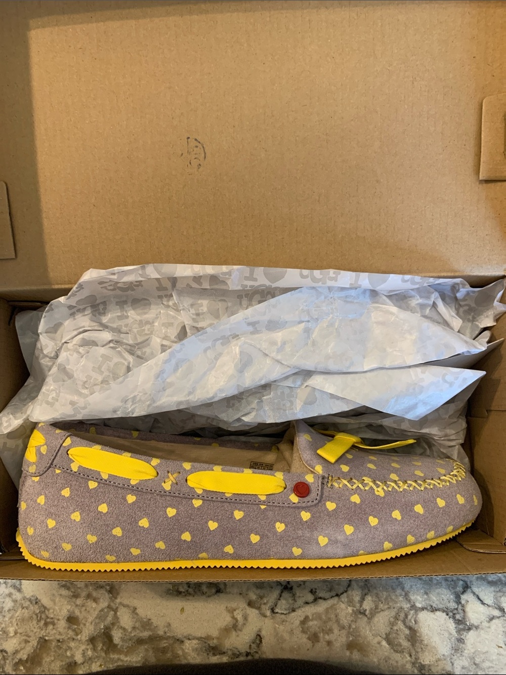 UGG Lavender Suede Moccasin Slippers with Yellow Accents